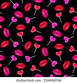 Lips pattern with heart shaped lollypop candy. Valentines day romantic background
