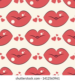 Lips pattern. Vector seamless pattern with woman s red and pink kissing flat lips. On light background