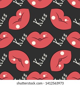 Lips pattern. Vector seamless pattern with woman s red and pink kissing flat lips. On dark background