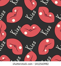 Lips pattern. Vector seamless pattern with woman s red and pink kissing flat lips. On dark background