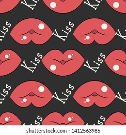 Lips pattern. Vector seamless pattern with woman s red and pink kissing flat lips. On dark background