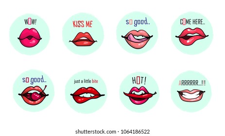 Lips with phrases collection set, sensual hand drawn vector illustration for print sticker patch badges isolated on white background