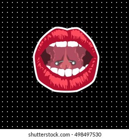 Lips pierced. Black background with polka dots.