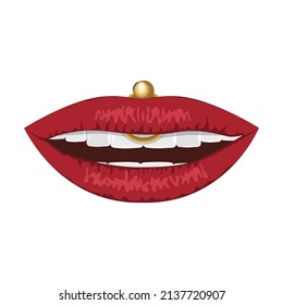 Lips with piercings. Pierced female lips. Vector. Close-up.	