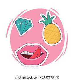 lips pineapple and diamond patch fashion badge sticker decoration icon vector illustration