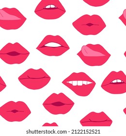 lips with pink lipstick seamless pattern. mouth vector illustration hand drawn in cartoon style.