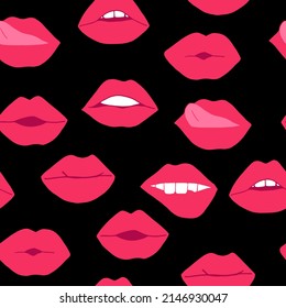 lips with pink lipstick seamless pattern. mouth vector illustration hand drawn in cartoon style