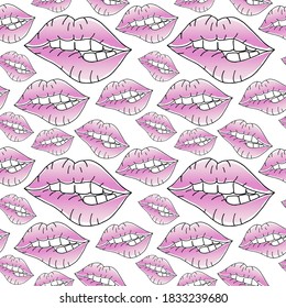 Lips. Pink mouths with teeth. Vector background. Seamless pattern.