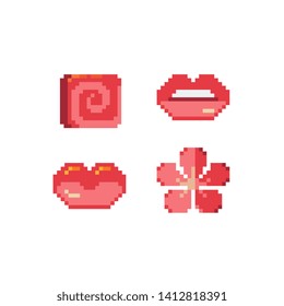 Lips pixel art icons set. Female mouth, flower and candy. Isolated vector illustration. Design for logo, sticker and mobile app.