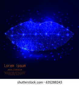 Lips with polygon lines on an abstract background. Polygonal space low poly with connecting points and lines. Connection structure. Vector Backgrounds