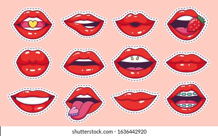 Lips pop art stickers. Cool vintage comic girl lips badges, teenage cartoon patch, candy lips with strawberry glossy lipstick vector illustration icon set. 80s, 90s female mouth fashion labels