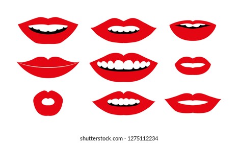 Lips pop retro icon set of lips, vector kiss flat icon design lipstick real lips with teeth. mouth female lady lips