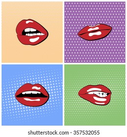 Lips in pop-art style. Backgrounds halftone set. Vector