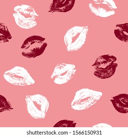 Lips print minimalist seamless pattern. Valentine day. Pink cosmetic background. Vector illustration
