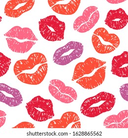 Lips print seamless pattern. Kiss prints with texture, color girls lips vector illustration. Valentines Day lipstick imprint background for wedding and greeting card