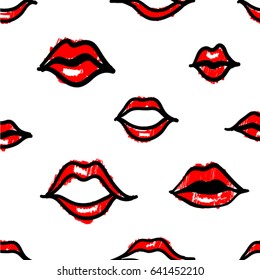 Lips print, seamless in red color and vector. Retro pattern.