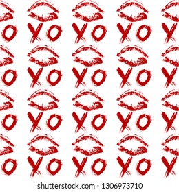 Lips print and XOXO written with red lipstick. XO and lipstick kiss seamless pattern. Hugs and kisses Vector illustration. Valentines day background.  Fashion, beauty and glamour concept.