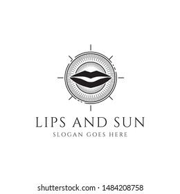 Lips and ray of sun in circle form line art logo design