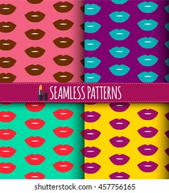 Lips realistic set. Seamless pattern. Vector illustration, eps10. Lips seamless pattern in four color spectrums: rose and brown, violet and blue, red and green, purple and yellow.