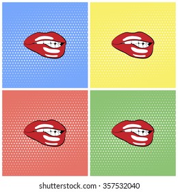 Lips with red lipstick. Halftone background set
