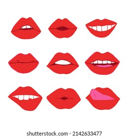 labios con icono de juego de lápiz labial rojo. ilustración de vector de boca dibujada a mano en estilo de caricatura