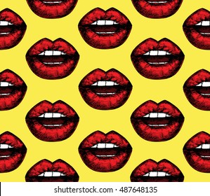Lips red pattern on yellow background. Vector seamless texture. Doodle print graphic style. Cloth, wallpaper,wrapping,card, invitation,wedding,birthday,textile, paper,holiday.Color illustration.Eps10.