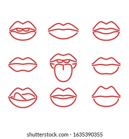 Lips Red Signs Thin Line Icon Set Include of Lip, Kiss and Mouth. Vector illustration of Icons