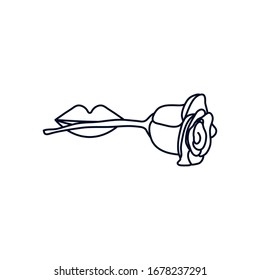 labios con icono de rosa sobre fondo blanco, concepto de tatuaje minimalista, estilo de línea, ilustración vectorial