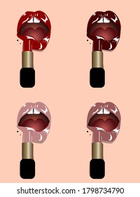 Lips with same color lipstick set. Red, dark red and nude  colors of lipstick. Vector illustration.