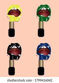 Lips with same color lipstick set. Yellow, green, black and blue colors of lipstick. Vector illustration.