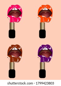 Labios con el mismo juego de lápiz labial de color. Fuchsia, naranja, marrón y púrpura de los labios. Ilustración vectorial.