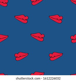 Lips. Seamless pattern. Air kiss.  Idea for fabric, Wallpaper, cover, case. Vector. Isolated blue background. Illustration for Valentine day. Festive print. Endless ornament. Love print. Makeup.