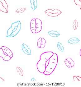 Lips seamless pattern. Colorful lips on a white background for design of paper, gift wrapping paper, fabrics, any surface design. Fashion, beauty design.