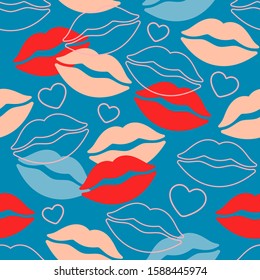 Lips seamless pattern for male valentine wrapping paper. Lips and hearts on a blue background. Modern youth background for Valentine's Day design.