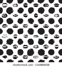 Lips seamless pattern on polka dot background. Black and pink lips fashion print wrapping paper. World kiss day, Valentine's day, love. Vector.