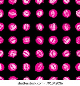 Lips seamless pattern on polka dot background. Black and pink lips fashion print wrapping paper. World kiss day, Valentine's day, love. Vector.