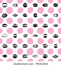 Lips seamless pattern on polka dot background. Black and pink lips fashion print wrapping paper. World kiss day, Valentine's day, love. Vector.