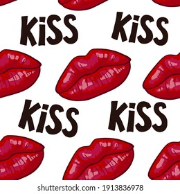 Lips seamless pattern on white background. Sexy red kiss, makeup. Vector illustration. Colorful cartoon style. Desing for textile, clothes.