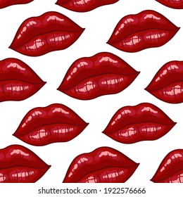 Elige un patrón impecable sobre fondo blanco en estilo de arte pop. Besos rojos, maquillaje de mujeres sexys. Ilustración vectorial.