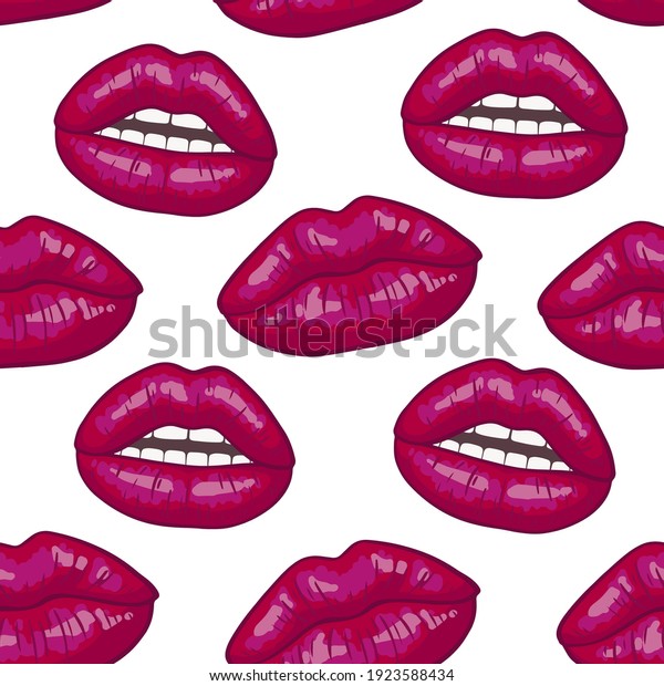 Lips seamless pattern on\
white background in pop art style. Sexy pink kisses, makeup.\
Colorful cartoon style. Desing for textile, clothes. Vector\
illustration.