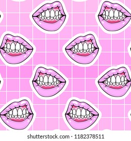 Lips seamless pattern. Pink grid background. Vector illustration. 