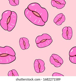 Lips seamless pattern. Pink puffy lips on a pink background for the design of paper, gift wrapping paper, fabrics, any surface design. Fashion, beauty design.