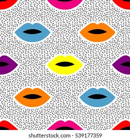 Lips seamless pattern. Retro fashion texture in 80s - 90s style. Memphis. Funky lips