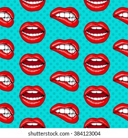 Lips Seamless Pattern in Retro Pop Art Style. Vector illustration