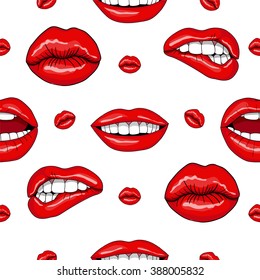 Lips Seamless Pattern in Retro Pop Art Style. Vector illustration