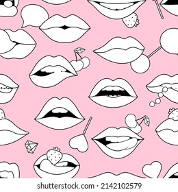 Lips seamless pattern. Sexy lip with lollipops, diamond, cherry and strawberry. Coloring template or girly fabric print. Outline mouths vector pop art background