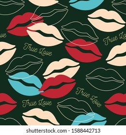 Lips seamless pattern for valentine wrapping paper. Colorful lips on a dark background. Modern background for Valentine's Day design.