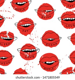 Lips seamless pattern with watercolor stains in cartoon style, isolated on white background