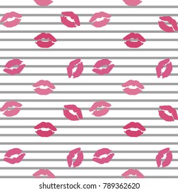 Lips seamless pattern.Red,pink lips,smiles on striped background for paper design,gift wrapping paper,fabric,any surface design.Fashion,beauty design.