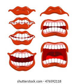 Lips conjunto de emociones. Gritos y alegría. Gritando y riéndose. grito e insatisfecho. Llora y ríe.